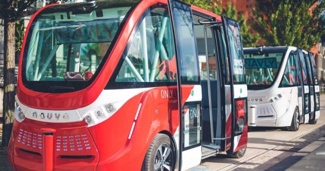 navya driverless bus red white