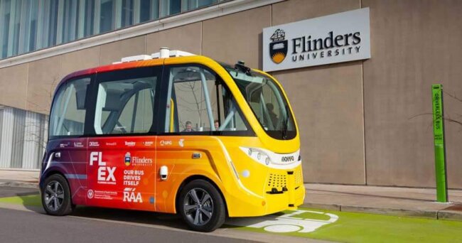 FLEX driverless shuttle Flinders University side view.