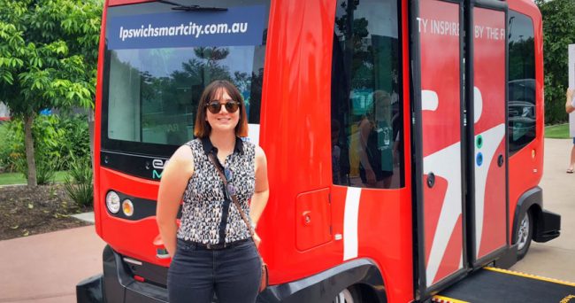 Zoe Eather with autonomous shuttle