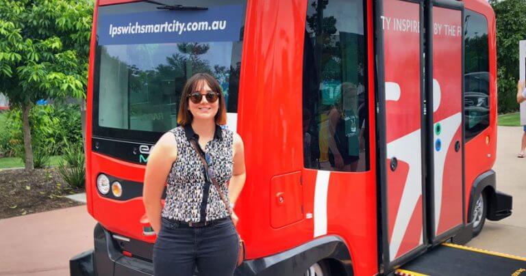 Zoe Eather with autonomous shuttle