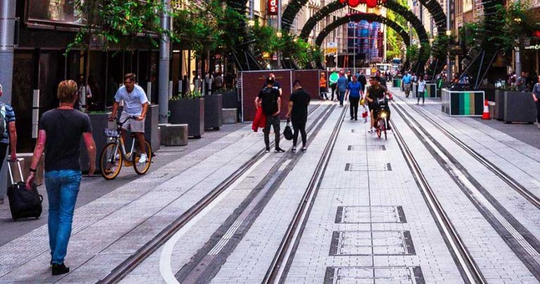 Sydney George Street tram lines pedestrians cycling