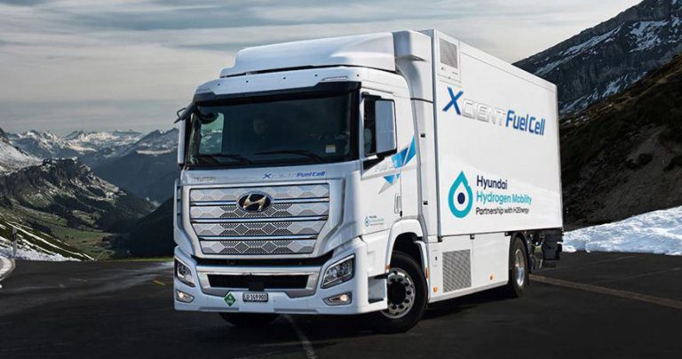 Hyundai XCIENT Fuel Cell hydrogen truck in the mountains