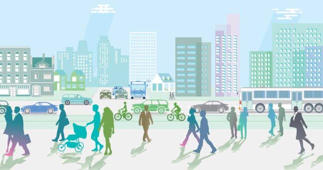 busy city footpath illustration