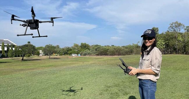 Rebecca Ludgate - NT Chief Remote Drone Pilot flying drone