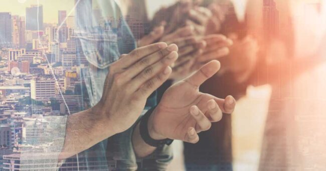 congratulations clapping city skyline background