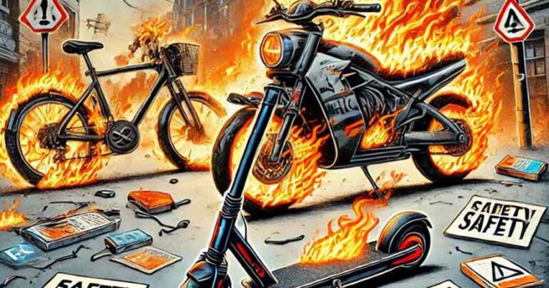 Illustrative graphic for the artice Liar, liar, e-Bikes on fire, a discussion of how to make micromobility vehicles safer.